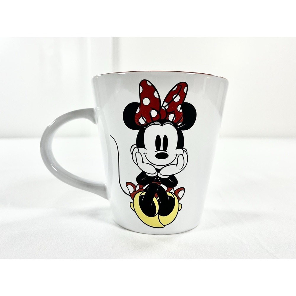 Disney Store Minnie Mouse Coffee Mug Red Sparkle Polka Dot Bow Large Latte Cup